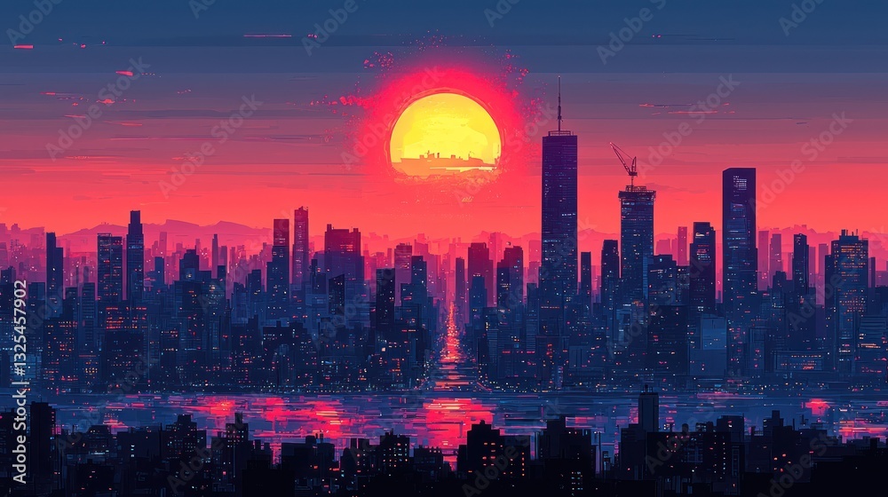 Obraz premium Pixel art sunset over city skyline.