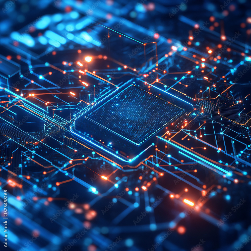 Glowing central processing unit with vibrant blue and orange circuitry.