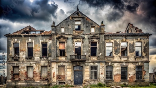 A dilapidated building with broken windows and crumbling facade, set against a grey and overcast sky, conveying a sense of neglect and abandonment , facade, grey sky