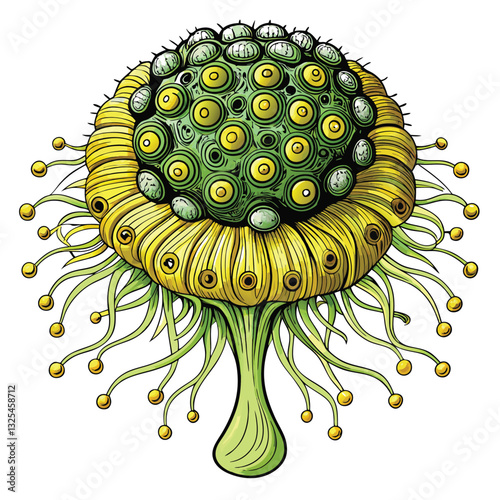 Generate a highly detailed microscopic image of Aspergillus niger fungus, exhibiting its characteristic round, black conidia.  Focus on intricate hyphal structures.