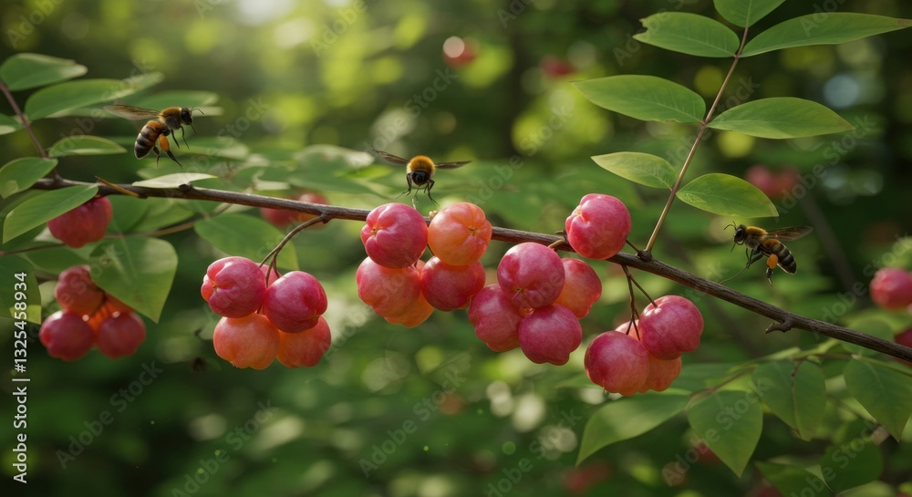 Close-up of bees pollinating vibrant pink berries on a sunlit branch in a lush garden setting Close-up of bees pollinating vibrant pink berries on a sunlit branch in a lush garden setting