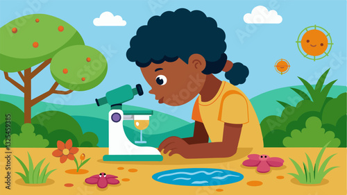 An elementary student uses a microscope to examine a sample of pond water discovering diverse microorganisms.. Vector illustration