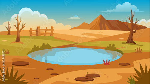 The usually tranquil and reflective surface of the farmyard pond had been rep by a dusty parched ground.. Vector illustration