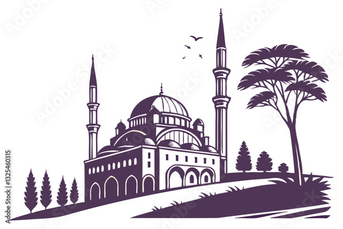 Modern Flat Mosque Silhouette Vector Illustration  Isolated on Transparent Background