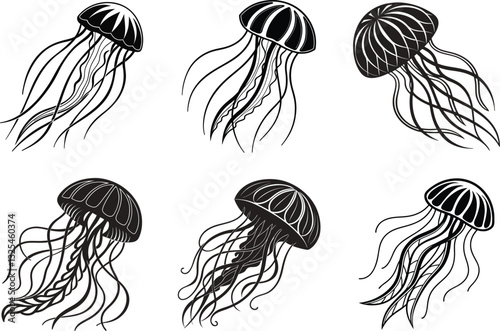 Elegant Ocean Drifters A Collection of Jellyfish Silhouette.