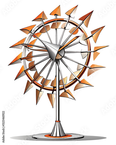 A mesmerizing kinetic wind sculpture crafted from polished stainless steel, elegantly capturing wind's movement.  Its intricate design reflects light beautifully.