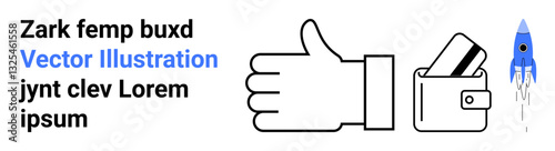 Thumbs up hand gesture, wallet with credit cards, and blue rocket launching. Ideal for business success, approval, financial growth, startups, innovation e-commerce and motivational themes. Landing