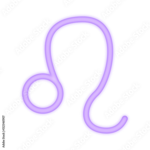 A vibrant neon illustration of the Leo zodiac symbol glowing in purple, representing astrology, confidence, leadership, and fire sign energy