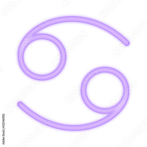 A vibrant neon illustration of the Cancer zodiac symbol glowing in purple, representing astrology, emotions, intuition, and water sign energy