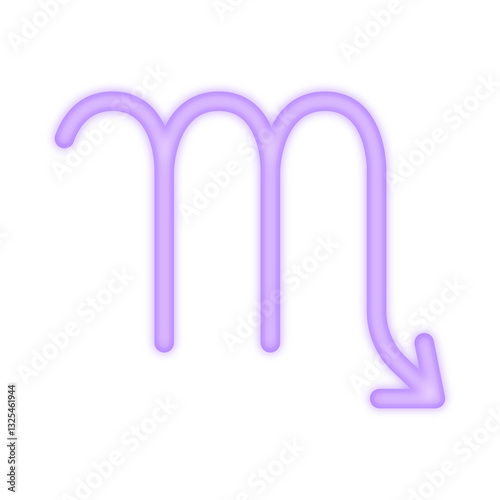A vibrant neon illustration of the Scorpio zodiac symbol glowing in purple, representing astrology, mystery, transformation, passion, and the water sign energy