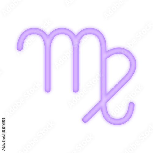 A vibrant neon illustration of the Virgo zodiac symbol glowing in purple, representing astrology, intelligence, precision, and earth sign energy