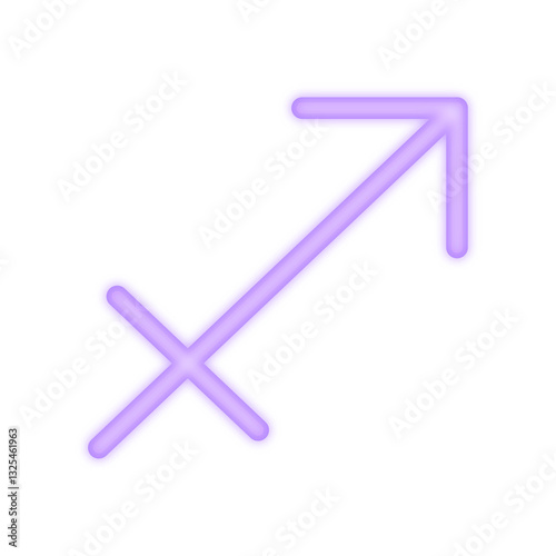 A vibrant neon illustration of the Sagittarius zodiac symbol glowing in purple, representing astrology, adventure, independence, and the fire sign energy