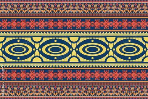 Tribal patterns with repeated horizontal motifs, orange and blue stripes, geometric circles, triangles, floral patterns, textile designs, wallpapers, backgrounds, various graphic product designs.