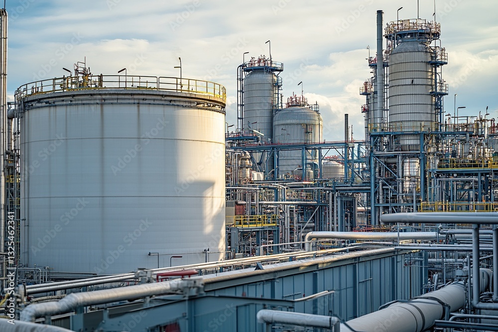Obraz premium Industrial Refinery: Complex Structures and Pipelines Process Manufacturing under Cloudy Skies