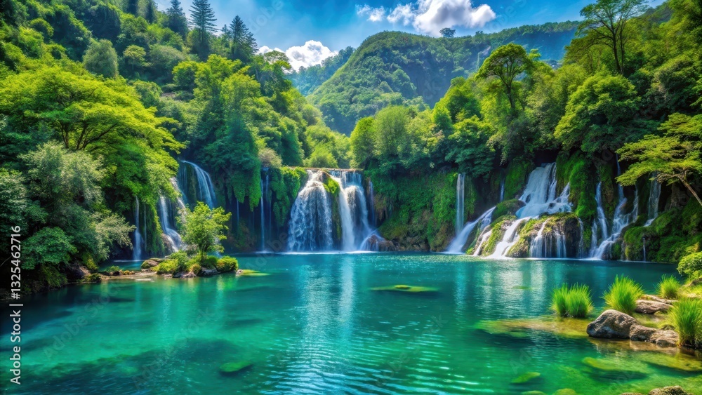 Fototapeta premium Serene turquoise lake surrounded by dense foliage and majestic waterfalls cascading down lush green hills , picturesque scenery, cascading waterfalls