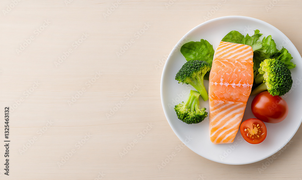 sashimi-style salmon fillet with vegetables on a white plate, top view. sashimi-style salmon fillet with vegetables on a white plate, top view.
