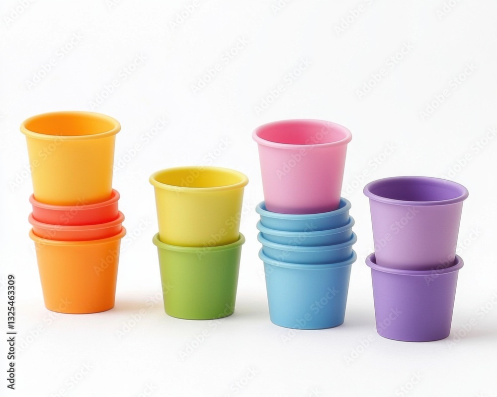 Baby stacking cups in rainbow colors neatly arranged on a plain white background Baby stacking cups in rainbow colors neatly arranged on a plain white background