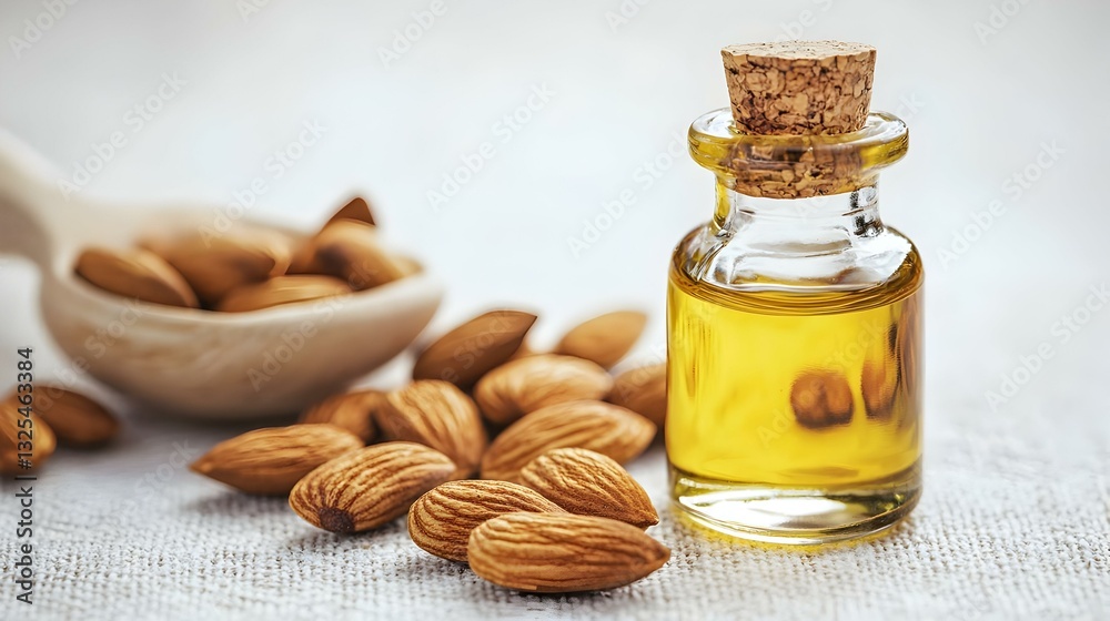 Almond oil and nuts in glass bottle on white