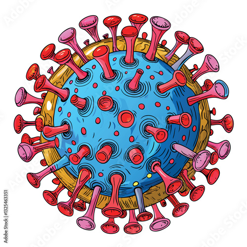 Create a highly detailed microscopic illustration of SARS-CoV-1 coronavirus, showcasing its spike proteins and RNA structure.