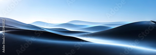 Abstract digital landscape of smooth blue dunes under a bright sky, resembling a surreal desert