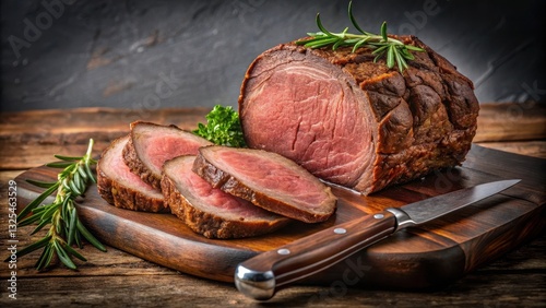 A juicy slice of round roasted beef with a sharp knife placed beside it, showcasing the cut's tenderness and even texture , cut meat, beef slicing