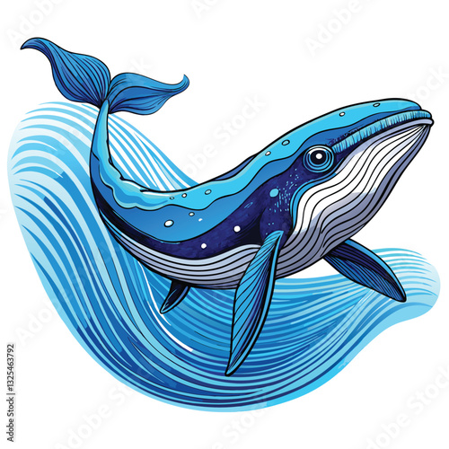 A majestic blue whale gracefully breaching in crystal-clear ocean water, sunlight illuminating its immense size.  Detailed rendering, photorealistic.