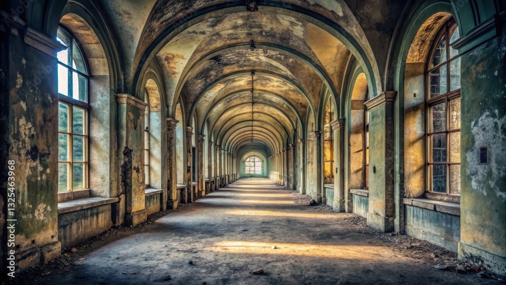 Fototapeta premium A long and empty corridor with a high ceiling, leading to an unknown destination, abandoned place
