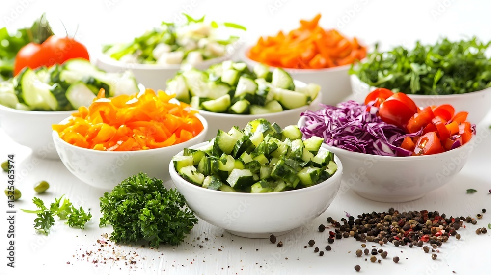 Bowls with Olivier salad ingredients Bowls with Olivier salad ingredients