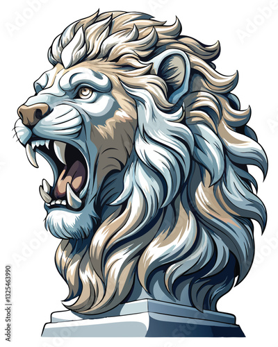 A majestic, roaring marble lion sculpture, detailed musculature, intense expression, classical style.