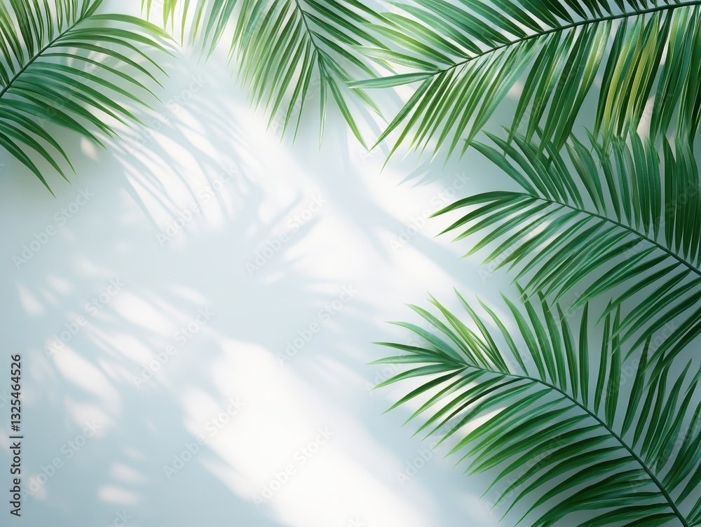 Obraz premium Lush Green Palm Leaves Casting Soft Shadows on Light Background in Serene Nature Afterglow Atmosphere Ideal for Tropical Themes and Relaxation Spaces