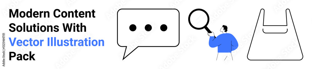 Speech bubble, person with magnifying glass, and shopping bag elements. Ideal for marketing, e-commerce, research, customer support, online communication, retail branding flat landing page banner