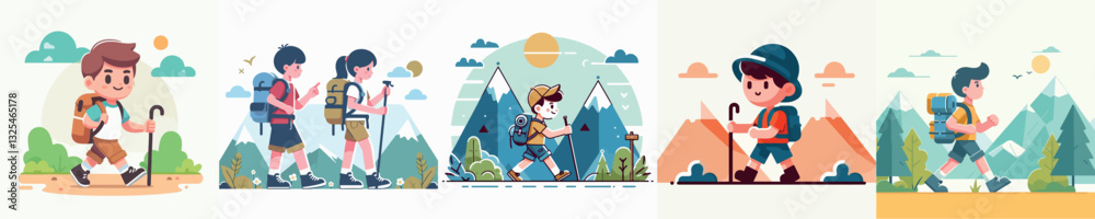 Fototapeta premium Hiking Kids Vector Set Image