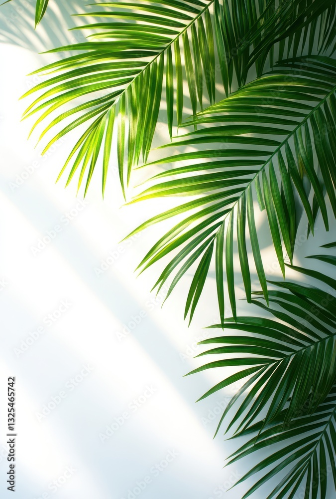 Naklejka premium Lush Green Palm Leaves with Natural Light Against a Soft White Background for Relaxing and Tropical Ambiance in Interior Spaces