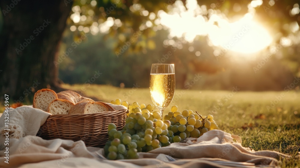 Fototapeta premium A basket of bread and grapes sits on a blanket in a grassy field