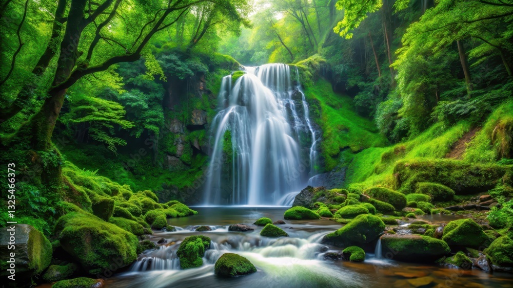 Obraz premium waterfall cascading through lush green forest scenery, water flow, forest floor, water flow, forest floor
