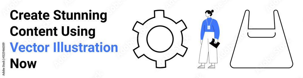 Gear, professional woman with folder, and outline bag highlighting productivity, technology, and efficiency. Ideal for business, design, collaboration, content creation management workflow flat Gear, professional woman with folder, and outline bag highlighting productivity, technology, and efficiency. Ideal for business, design, collaboration, content creation management workflow flat