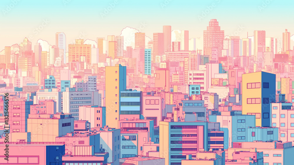 Obraz premium 黄金色に輝く夕日とシティポップ風の摩天楼｜ネオンカラーが映える近未来都市の幻想的なスカイライン｜ピンクと紫のグラデーションに包まれた都市風景｜サイバーパンク調の未来的な建築群
