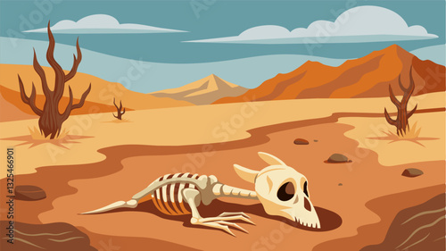 The skeleton of a longdead animal lay next to the driedup watering hole its bleached bones a reminder of the ultimate outcome for those who cannot find water in the desert.. Vector illustration