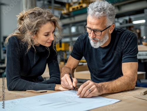 Two industrial designers discussing product prototypes in a factory workshop photo