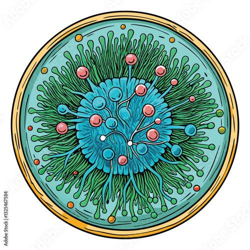Microscopic view of a Penicillium mold colony exhibiting characteristic blue-green branching hyphae and conidiophores.  High resolution image.