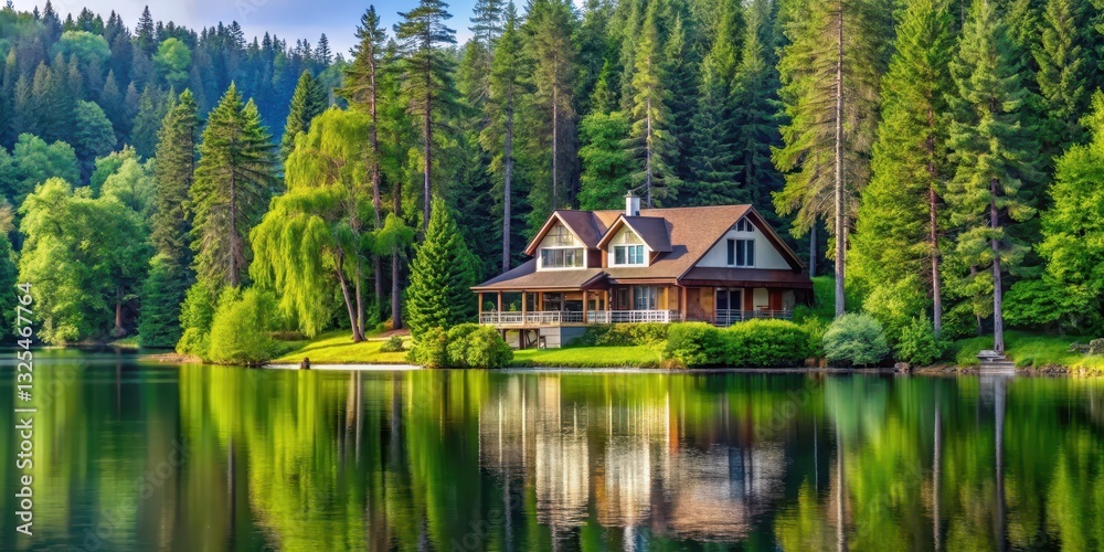 Fototapeta premium Panoramic lakefront house with lush greenery and tall trees surrounding it