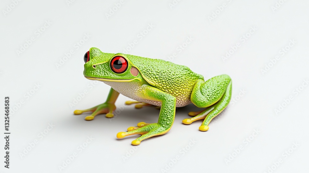 Fototapeta premium A vibrant green tree frog with prominent red eyes is shown