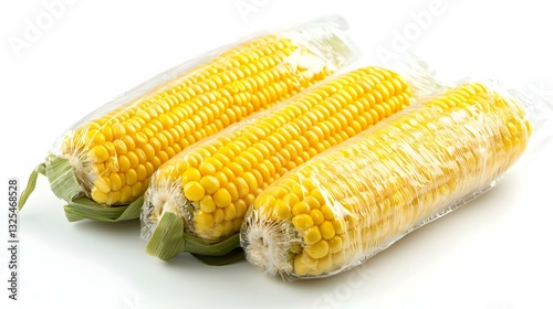 Studio shot of sweet corn packed with plastic