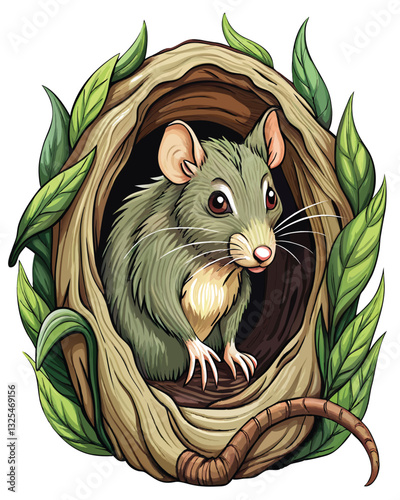 A detailed photorealistic rendering of a brown rat curled up asleep within a realistically textured, dark tree hollow.  Seamless blend.