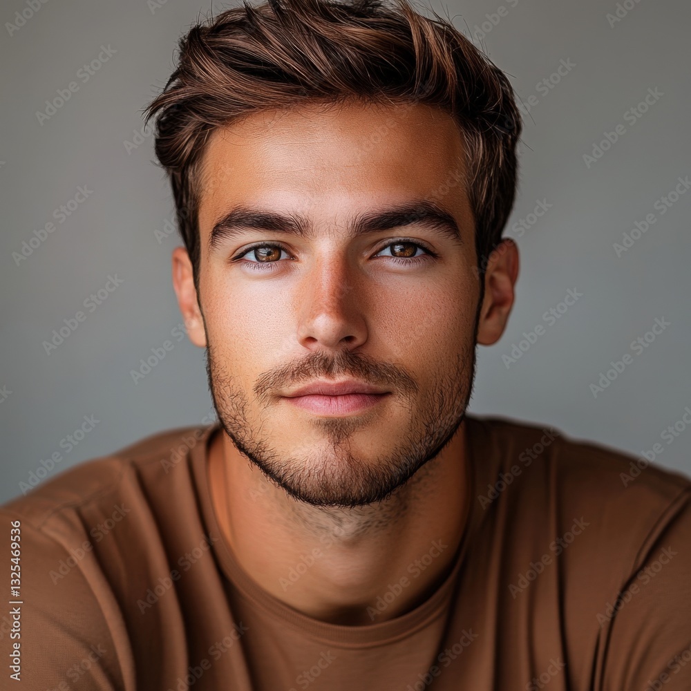 Obraz premium A close-up portrait of a young man with a confident expression, featuring tousled hair and a casual brown shirt against a neutral background.