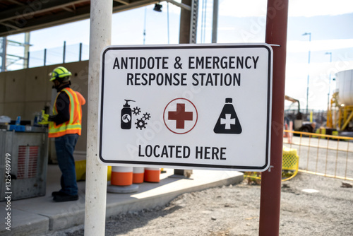 A sign indicating the location of an antidote and emergency response station, with safety symbols and a worker in the background.