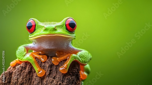 A vibrant tree frog with striking red eyes poses proudly