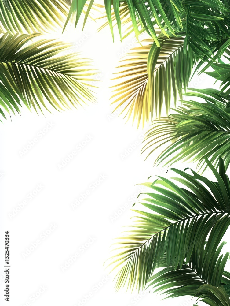 Naklejka premium Lush Green Tropical Palm Leaves Framing a Bright White Space Ideal for Nature Themes, Designs, Backgrounds, and Eco-Friendly Aesthetics in Stock Photography