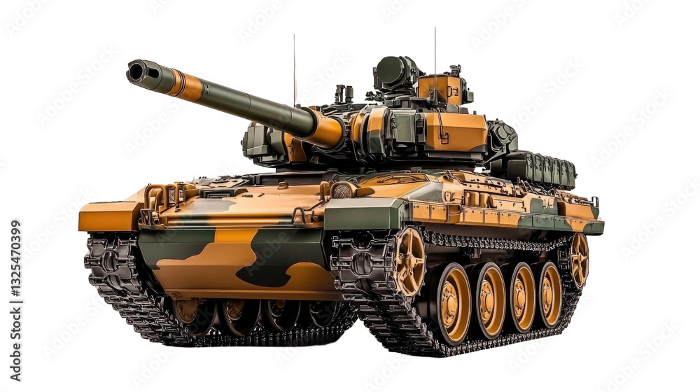 Realistic Military Tank in Camouflage Design on White Background for Defense Concepts
