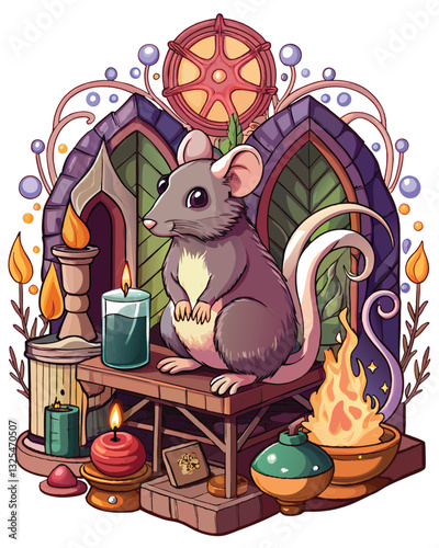 A curious rat explores a cluttered alchemist's workshop, amidst bubbling vials, arcane texts, and strange apparatus.